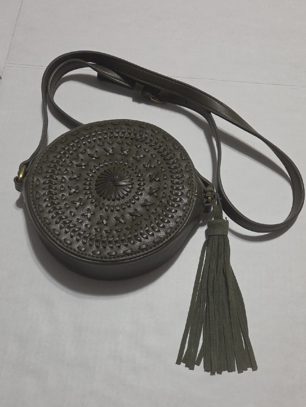 Anthropologie Olive Green Round Crossbody with Tassel Detail